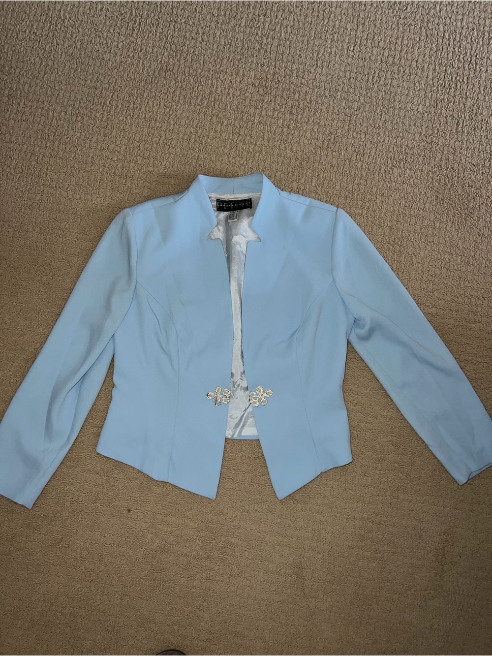 Petite Sophisticate Light Blue Collarless Dress Jacket with Decorative Closure